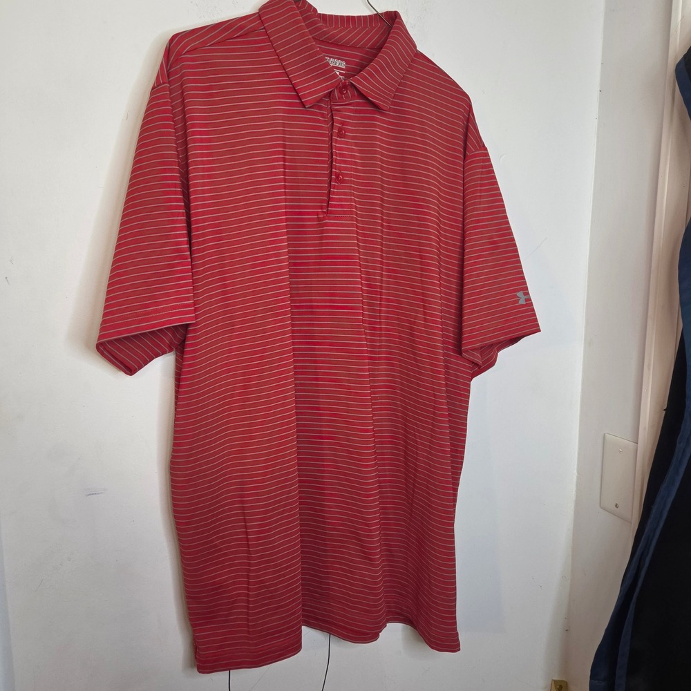 Under Armour HeatGear Mens 2XL Red Striped Loose Fit Short Sleeve Golf Polo